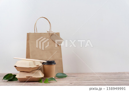Eco friendly takeaway packaging with paper bag Eco friendly takeaway packaging with paper bag 138949991
