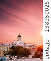 Helsinki skyline with Cathedral silhouette at glowing sunset 138950025