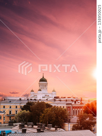 Helsinki skyline with Cathedral silhouette at glowing sunset Helsinki skyline with Cathedral silhouette at glowing sunset 138950025