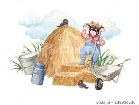 Watercolor illustration of a bull in overalls and a hat collecting hay in a field Watercolor illustration of a bull in overalls and a hat collecting hay in a field 138950236
