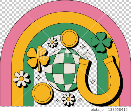 Lucky Horseshoe with Rainbow Coins and Clover Illustration	 138950413