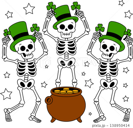 Dancing Skeletons with Pot of Gold Saint Patrick's Day Illustration	 138950414