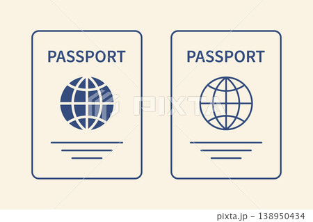 Minimal passport icon set with globe symbol line and solid style travel document identification concept flat vector illustration Mediterranean blue palette clean design isolated background 138950434