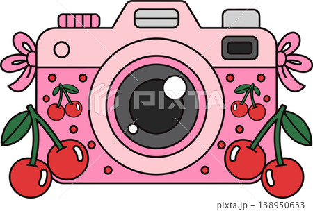 Cute Pink Camera with Cherries Illustration	 138950633