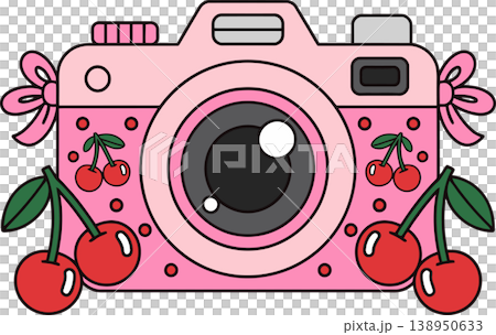 Cute Pink Camera with Cherries Illustration	 138950633