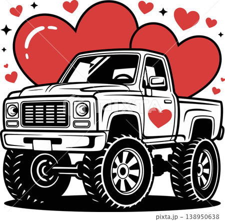 Cute Love Pickup Truck with Hearts Illustration Cute Love Pickup Truck with Hearts Illustration 138950638