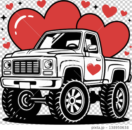 Cute Love Pickup Truck with Hearts Illustration Cute Love Pickup Truck with Hearts Illustration 138950638