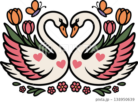 Swan Couple Forming Heart with Flowers Illustration Swan Couple Forming Heart with Flowers Illustration 138950639