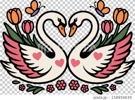 Swan Couple Forming Heart with Flowers Illustration Swan Couple Forming Heart with Flowers Illustration 138950639