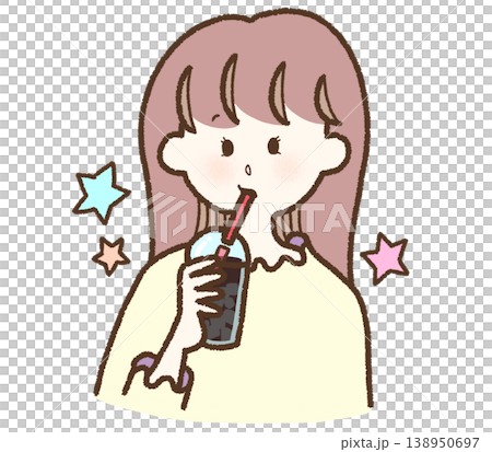 Illustration of a girl drinking bubble tea, with sparkling stars, in a hand-drawn style, in a cafe setting, against a white background. 138950697