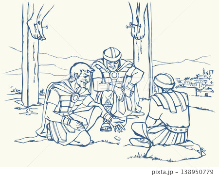 Vector drawing. Soldiers at the cross. 138950779