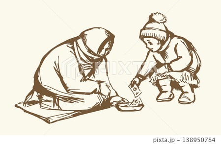 Vector Drawing. Girl Giving Alms to a Beggar 138950784