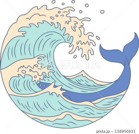 Pastel Ocean Wave with Whale Tail Illustration Pastel Ocean Wave with Whale Tail Illustration 138950831