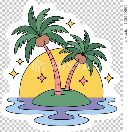 Tropical Island with Palm Trees Sunset Cartoon Illustration	 138950869