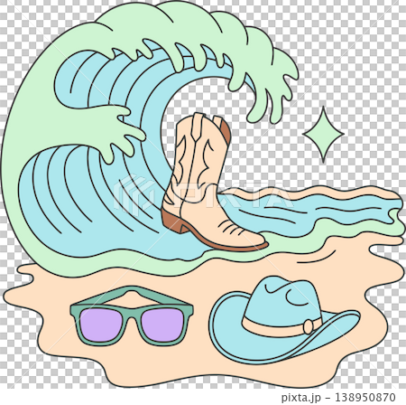 Cowboy Boots on Beach with Wave Summer Western Illustration Cowboy Boots on Beach with Wave Summer Western Illustration 138950870