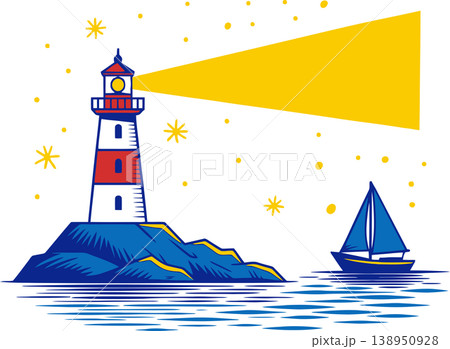 Lighthouse Beacon with Sailboat Night Illustration Lighthouse Beacon with Sailboat Night Illustration 138950928
