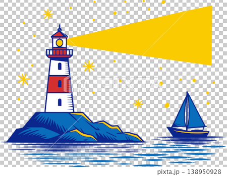 Lighthouse Beacon with Sailboat Night Illustration Lighthouse Beacon with Sailboat Night Illustration 138950928
