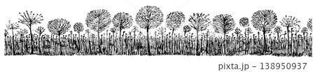 Abstract Bare Tree Silhouette Row Panoramic Banner Sketch with Grass and Wildflowers Abstract Bare Tree Silhouette Row Panoramic Banner Sketch with Grass and Wildflowers 138950937
