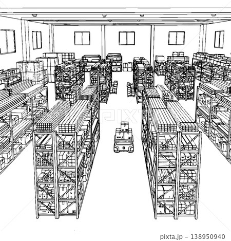 Industrial Warehouse Interior Sketch with Storage Shelves Boxes and Forklift 138950940