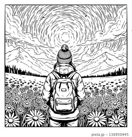 Hiker with Backpack Standing in Flower Field Facing Mountains Coloring Page Illustration 138950945
