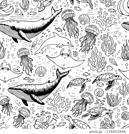 Ocean Sea Life Seamless Pattern Sketch with Whale Dolphin Jellyfish and Coral Reef 138950946