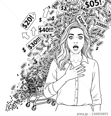 Shocked Woman with Shopping Cart and Rising Price Tags Inflation Concept Sketch 138950955