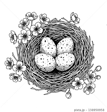 Bird Nest with Speckled Eggs and Cherry Blossom Branches Botanical Ink Sketch Bird Nest with Speckled Eggs and Cherry Blossom Branches Botanical Ink Sketch 138950958