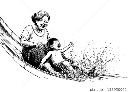 Grandmother and Grandson Sliding Down Water Slide Laughing Joyful Family Ink Sketch Grandmother and Grandson Sliding Down Water Slide Laughing Joyful Family Ink Sketch 138950962
