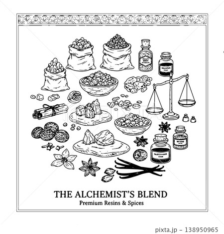 Alchemist Spice and Resin Collection Vintage Apothecary Sketch with Scales and Bottles 138950965