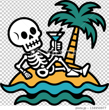 Funny Skeleton Relaxing on Tropical Island with Cocktail Illustration Funny Skeleton Relaxing on Tropical Island with Cocktail Illustration 138950977