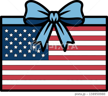 American Flag Gift Box with Blue Bow Illustration	 138950980