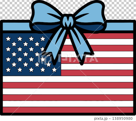 American Flag Gift Box with Blue Bow Illustration	 138950980