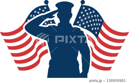 Patriotic Soldier Saluting American Flag Illustration	 138950981