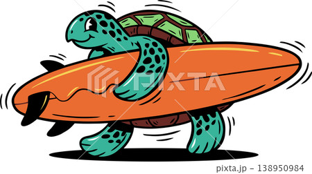 Sea Turtle with Surfboard Cartoon Illustration Sea Turtle with Surfboard Cartoon Illustration 138950984