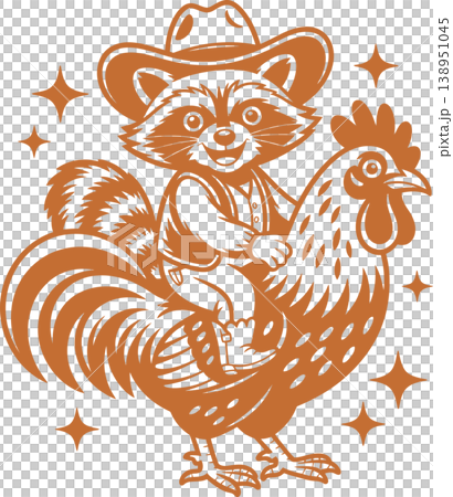 Cowboy Raccoon Riding Rooster Vintage Illustration Cowboy Raccoon Riding Rooster Vintage Illustration 138951045