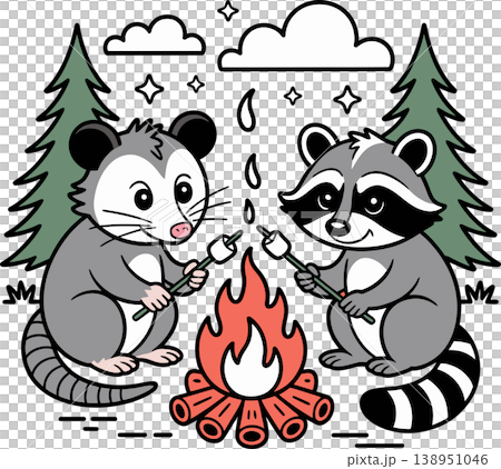 Possum and Raccoon Campfire Cartoon Illustration	 138951046