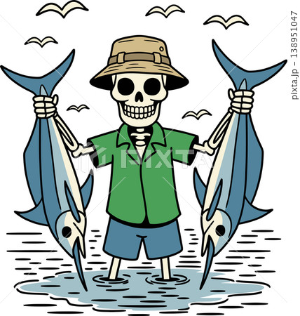 Skeleton Fisherman Holding Two Big Fish Illustration Skeleton Fisherman Holding Two Big Fish Illustration 138951047