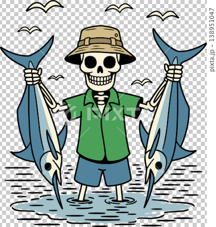Skeleton Fisherman Holding Two Big Fish Illustration Skeleton Fisherman Holding Two Big Fish Illustration 138951047