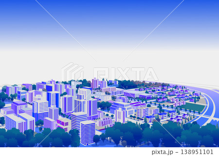 青を基調にした美しい街並みの横長パノラマ背景イラスト 138951101