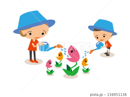 親子で花に水やりをする心温まる優しい日常風景イラスト 138951136