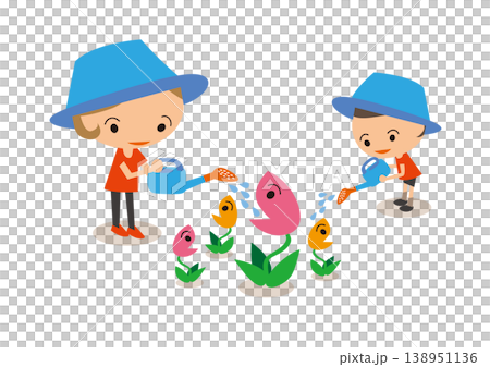 親子で花に水やりをする心温まる優しい日常風景イラスト 138951136