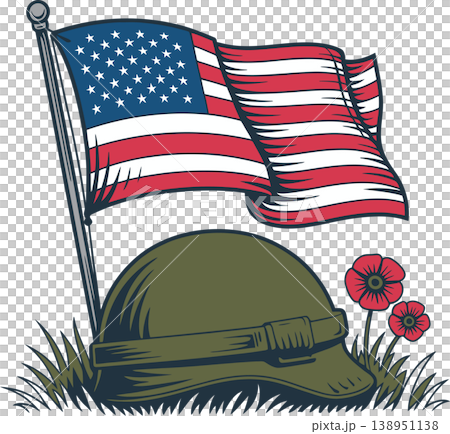 American Flag with Soldier Memorial Helmet	 138951138