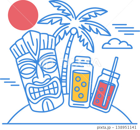 Tropical Tiki Cocktail Drinks Beach Line Illustration Tropical Tiki Cocktail Drinks Beach Line Illustration 138951141