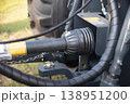 Rear end of farm tractor showing the PTO shaft and three point hitch  is used to connect agricultural implements. 138951200