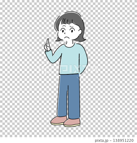 一幅簡單的全身插圖,描繪了一位表情憂慮的女性,她用手指著(警告、麻煩、疑問、不滿、困惑、人物)。 一幅簡單的全身插圖,描繪了一位表情憂慮的女性,她用手指著(警告、麻煩、疑問、不滿、困惑、人物)。 138951220