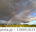 A colorful rainbow arches over lush green fields beneath dramatic clouds in the sky 138951615