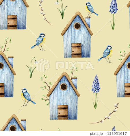 Seamless pattern with cute birdhouse, snowdrop, muscari flowers, branch with leaves and blue tit perche. Watercolor titmouse, easter hand drawn illustration isolated on background, transparent png Seamless pattern with cute birdhouse, snowdrop, muscari flowers, branch with leaves and blue tit perche. Watercolor titmouse, easter hand drawn illustration isolated on background, transparent png 138951617