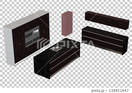 modern kitchen isolated on transparent background, home furniture, 3D illustration, cg render 138951647