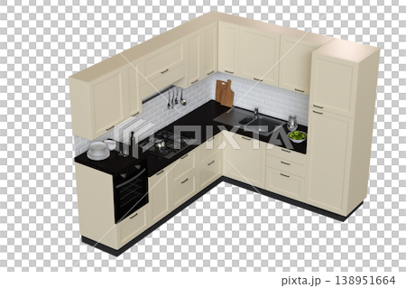 modern kitchen isolated on transparent background, home furniture, 3D illustration, cg render 138951664
