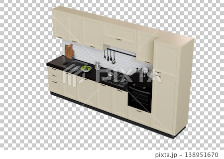 modern kitchen isolated on transparent background, home furniture, 3D illustration, cg render 138951670